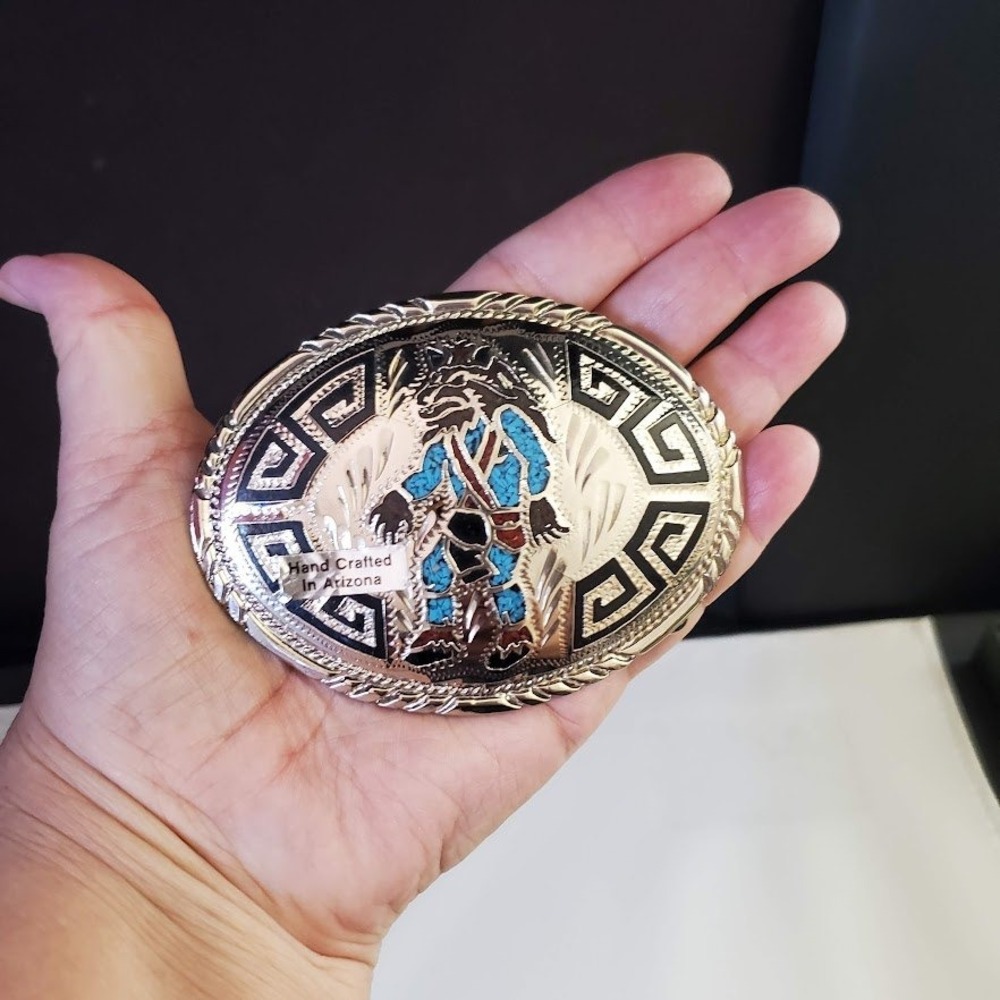 Handcrafted Arizona Faux Turquoise Chip Inlay Wolf Belt Buckle Silver Tone